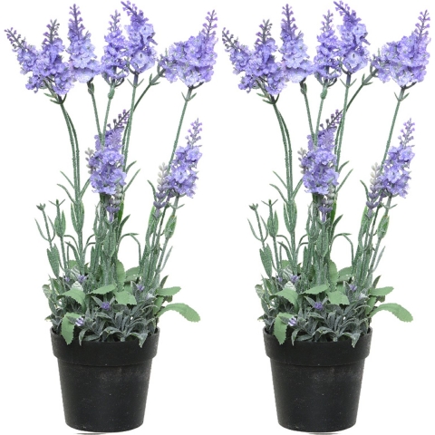 2x stuks lavendel kunstplant in pot - lila paars - D18 x H38 cm -