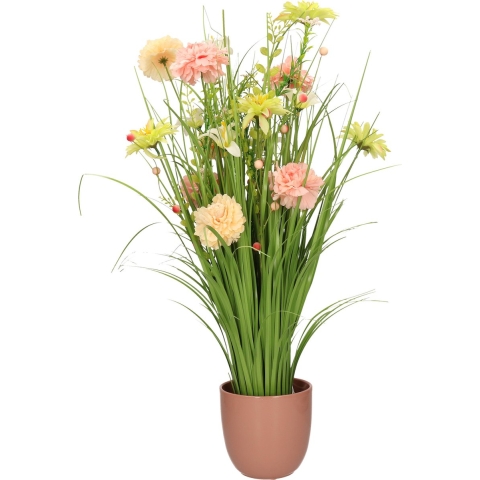 Kunstbloemen boeket roze - in pot oudroze - keramiek - H70 cm -