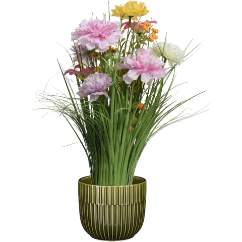 Kunstbloemen boeket lila paars - in pot groen - keramiek - H40 cm -
