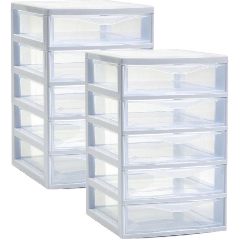 Ladeblokje/bureau organizer 2x lades - wit/transparant - L18 x B21 x H28 cm - plastic -