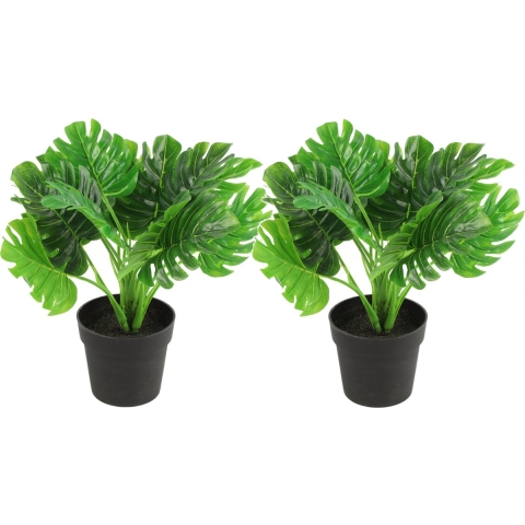 Kunstplant Monstera in bloempot - 2x - Groen - 15 x 28 cm -