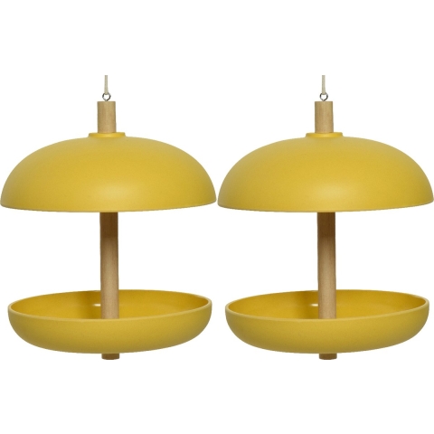 2x stuks vogel voedersilo hangend - bamboe hout - geel - 21 x 25 cm -