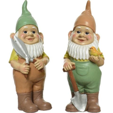 Tuinkabouter set 2x - tuinierende kabouters - kunststeen - H29 cm -