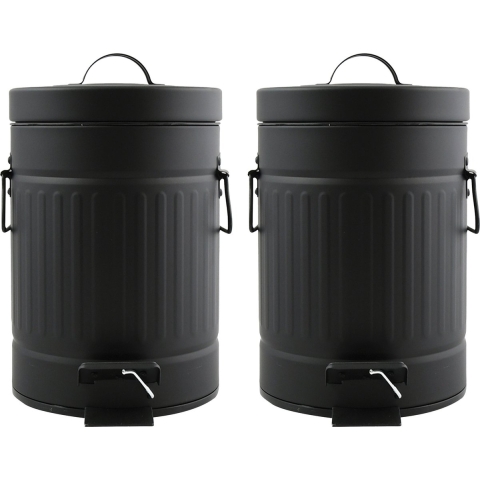 Prullenbak/pedaalemmer - 2x - Industrial - metaal - zwart - 3 liter - 17 x 26 cm - Badkamer/toilet -