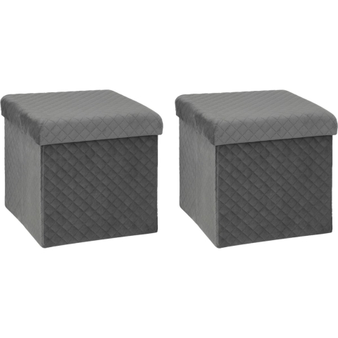 Poef/hocker - 2x - opbergbox - fluweel donkergrijs - kunststof/mdf - 31 x 31 x 31 cm - opvouwbaar -