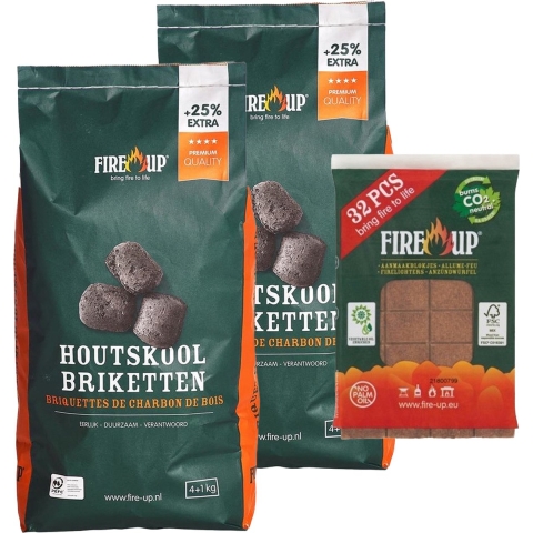 BBQ starterspakket - houtskool briketten 10 kilo - barbecue aanmaakblokjes 32x -