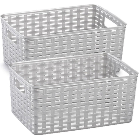5x stuks rotan gevlochten opbergmand/opbergbox kunststof - Zilver - 19 x 29 x 13 cm -