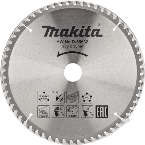 Makita Accessoires D-65632 Afkortzaagblad | div. materialen | 235x30x2,4 | 60T | 5g - D-65632