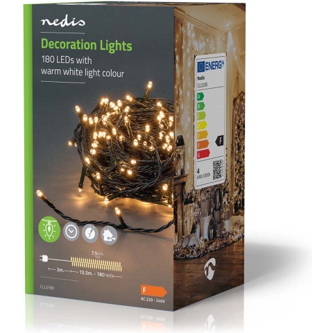 Nedis CLLS180 Decoratieve Verlichting Koord 180 Led&apos;s Warm Wit 13.50 M Licht Effecten: 7 Binnen & Buiten Netvoeding