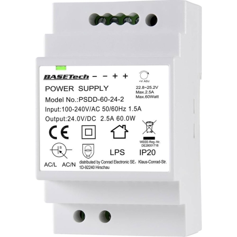 Basetech PSDD-60-24-2 DIN-rail netvoeding 24 V 2.5 A 60 W Aantal uitgangen: 2 x Inhoud: 1 stuk(s)