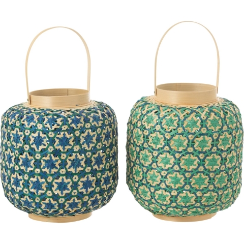 J-Line Lantaarn Mozaïek Patroon Bamboe Donker Blauw|Water Groen Ass