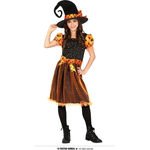 Heksen verkleed kostuum zwart/oranje voor meisjes 10-12 jaar (140-152) -