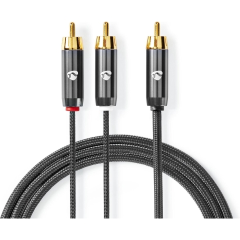 Nedis CATB24000GY30 Subwoofer-kabel Rca Male 2x Rca Male Verguld 3.00 M Rond 4.5 Mm Grijs / Gun Metal Grijs Cover Window Box