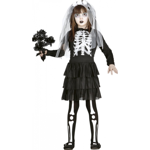 Halloween Skelet bruidsjurk verkleedkleding voor meisjes - zwart - compleet 110-116 (5-6 jaar) -