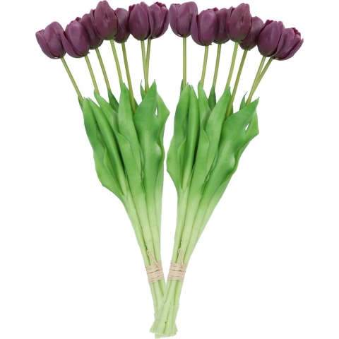 Kunst tulpen boeket - 14x stuks - donker paars - real touch - 43 cm -