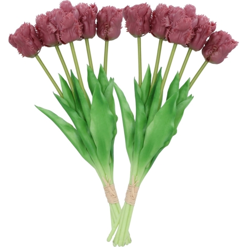 Kunst tulpen boeket - 10x stuks - aubergine paars - real touch - 39 cm -