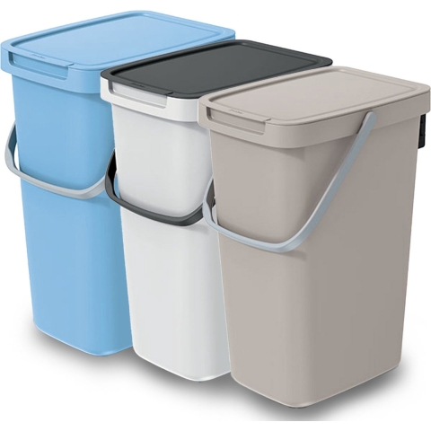 GFT/rest afvalbakken set - 3x - beige/wit/blauw - 12L - afsluitbaar - 20 x 26 x 37 cm - afval scheid -