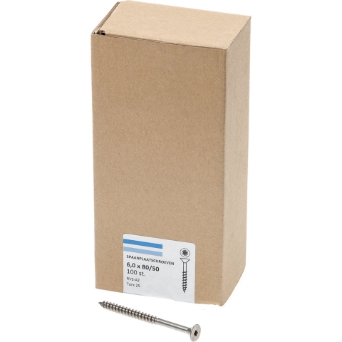 Hoenderdaal Spaanplaatschroef Rvs-A2 Pk Torx TX25 6.0X80/50 | 100 stuks - 0206.30.50401
