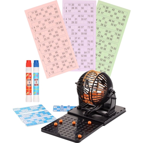 Bingo spel zwart/oranje complete set nummers 1-90 met molen/148x bingokaarten/2x stiften -