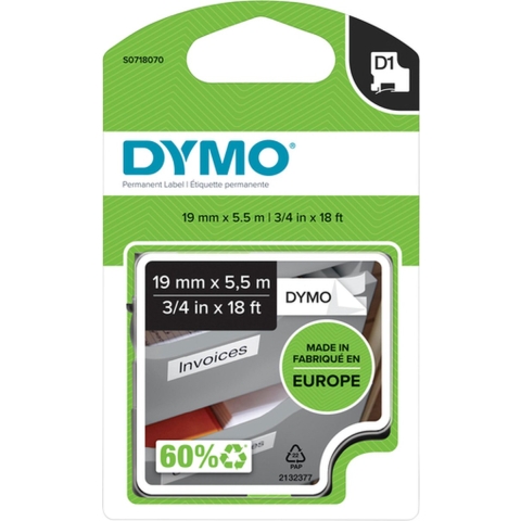 Labeltape DYMO D1 S0718070 Polyester Tapekleur: Wit Tekstkleur:Zwart 19 mm 5.5 m