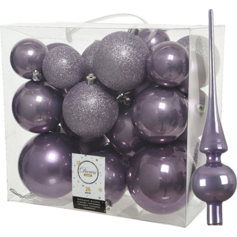 Set van 26x stuks kunststof kerstballen incl. glazen piek glans lila paars -