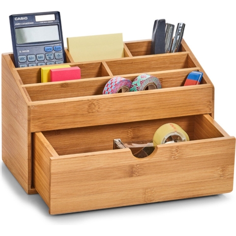 Zeller Pennenbakje 6-vaks met lade bureau organizer - bamboe hout - 25 x 12 x 15 cm -