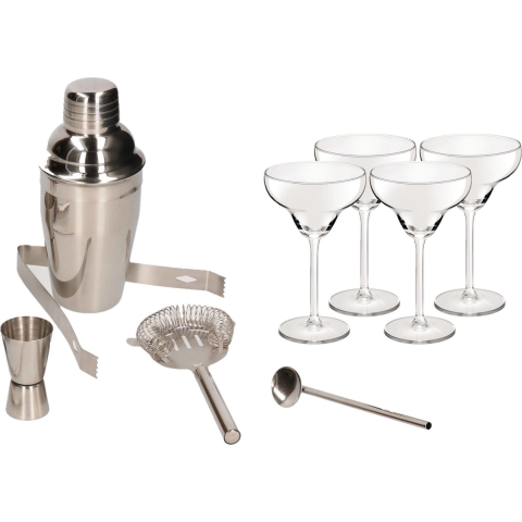 Cocktailshaker set RVS 5-delig inclusief 4x cocktail/margarita glazen 300 ml -