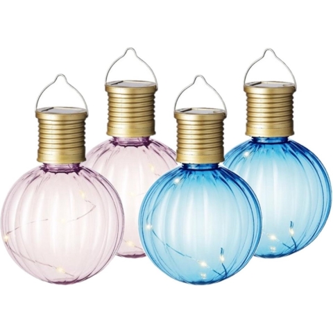 Set van 10x stuks buiten led lichtroze en blauwe lampion solar verlichting 11 cm -
