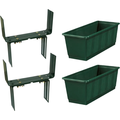 Set van 2 kunststof plantenbakken donkergroen rechthoekig 40 cm met 4 verstelbare balkon/muurbeugels -