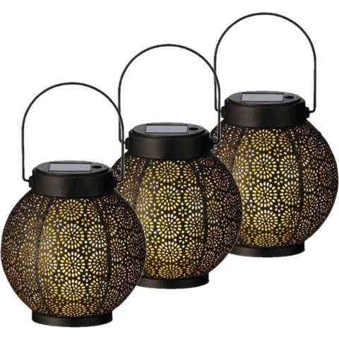 3x stuks solar lantaarn met cirkel patroon metaal zwart 16 cm -
