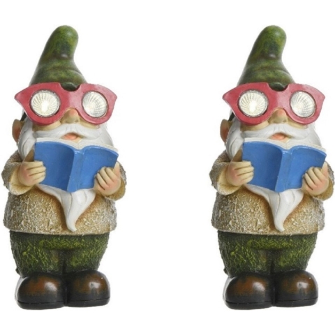 2x stuks tuinkabouter beeld George boekenwurm met solar verlichting 24 cm -