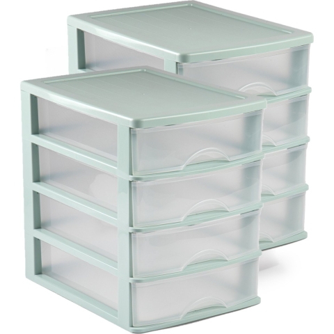 Plasticforte Ladeblok - 2x - bureau organizer - 4 lades - groen/transparant - 35,5 x 27 x 35 cm - op -