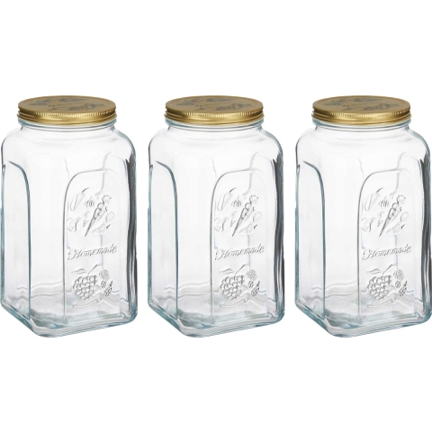 Voorraadpot/bewaarpot Square - 3x - glas - 3L - transparant/goud - D13 x H25 cm - voedsel bewaren -