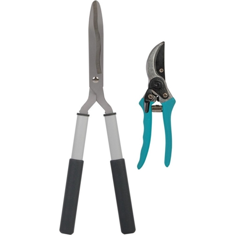 Tuingereedschap smalle heggenschaar en blauwe snoeischaar set -