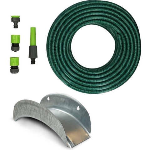 Tuinslang 30 meter met sproeikop set en muurbeugel / houder -