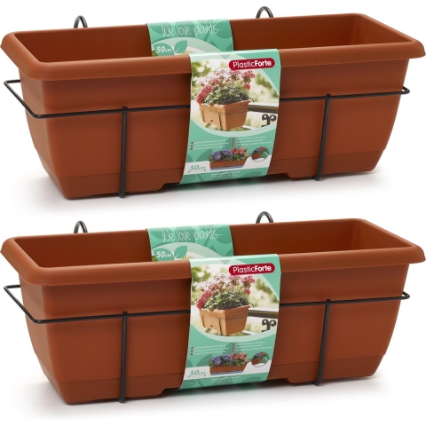 2x Balkon plantenbakken/bloembakken terracotta 50 cm met hanger -