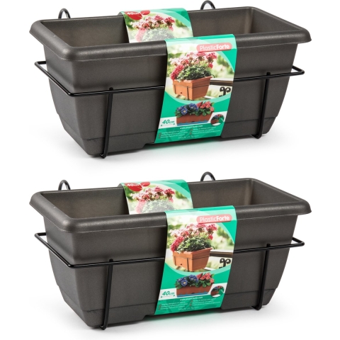 3x Balkon plantenbak/bloembak antraciet 40 cm met hanger -