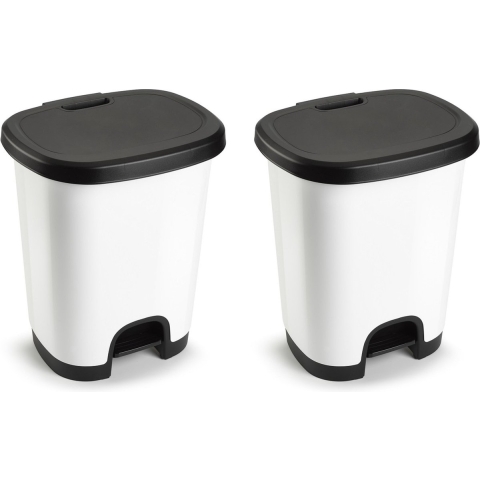 Set van 2x stuks afvalemmers/pedaalemmers van 27 liter in het wit/zwart met deksel en pedaal -