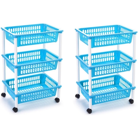 keukentrolley/badkamer - 2x stuks - op wieltjes - 3-laags - blauw - kunststof - 40 x 30 x 61,5 Cm -