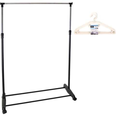 Mobiel kledingrek enkele stang 90-160 cm incl. 10 witte kledinghangers -
