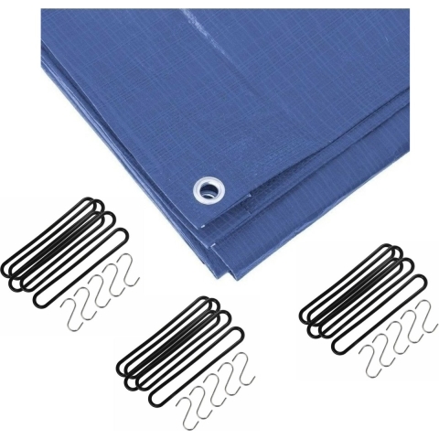 Afdekzeil / dekzeil blauw 3 x 5 meter met 15x spanrubbers en S-haken -