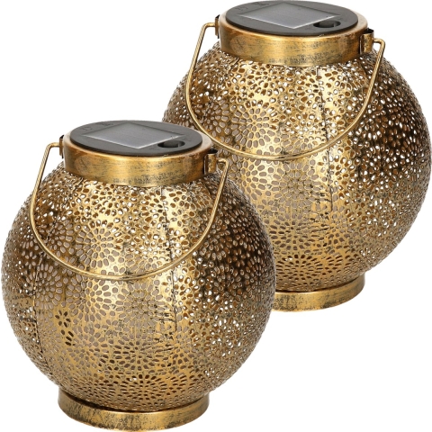 Solar lantaarn - 2x - vlam effect - antiek - goud - metaal - 14 x 16 cm -
