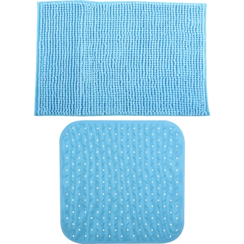 MSV Douche anti-slip mat en droogloop mat - Sevilla badkamer set - rubber/microvezel - lichtblauw -