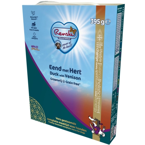 Renske Graanvrij vers gestoomd eend en hert hypoallergeen natvoer hond (kuip) 2 trays (20 x 395 g)