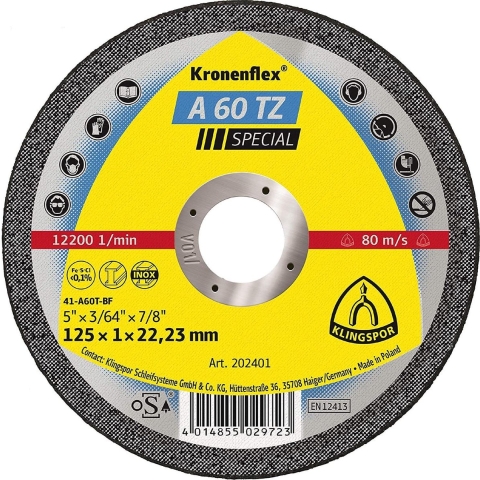 Klingspor A 60 Extra 262937 Doorslijpschijf recht 125 mm 25 stuk(s) RVS, Staal
