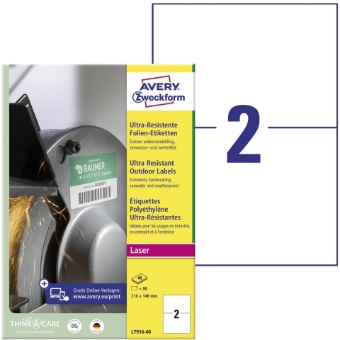 Avery-Zweckform L7916-40 Universele etiketten 210 x 148 mm Polyethyleen folie Wit 80 stuk(s) Permanent hechtend Laser (kleur), Laser (zwart/wit)
