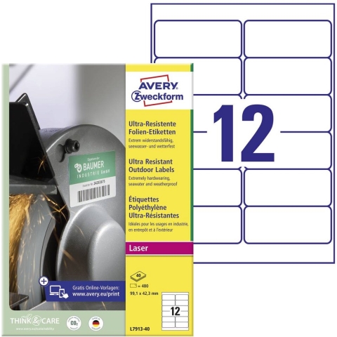 Avery-Zweckform L7913-40 Universele etiketten 99.1 x 42.3 mm Polyethyleen folie Wit 480 stuk(s) Permanent hechtend Laser (kleur), Laser (zwart/wit)