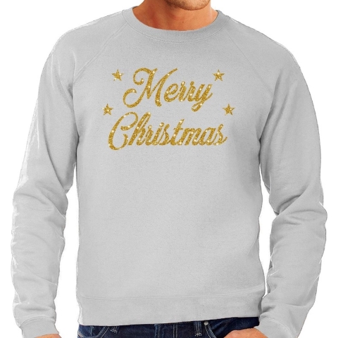 Kersttrui Merry Christmas gouden glitter letters grijs heren L (52) -