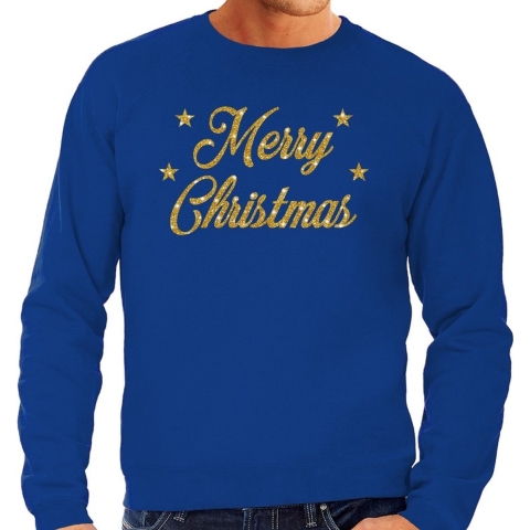 Kersttrui Merry Christmas gouden glitter letters blauw heren S (48) -