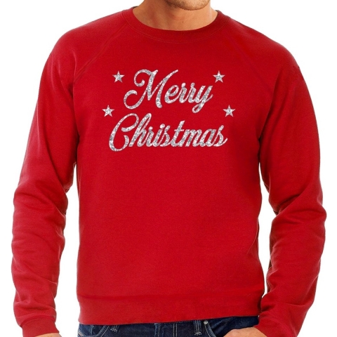 Kersttrui Merry Christmas zilveren glitter letters rood heren 2XL (56) -